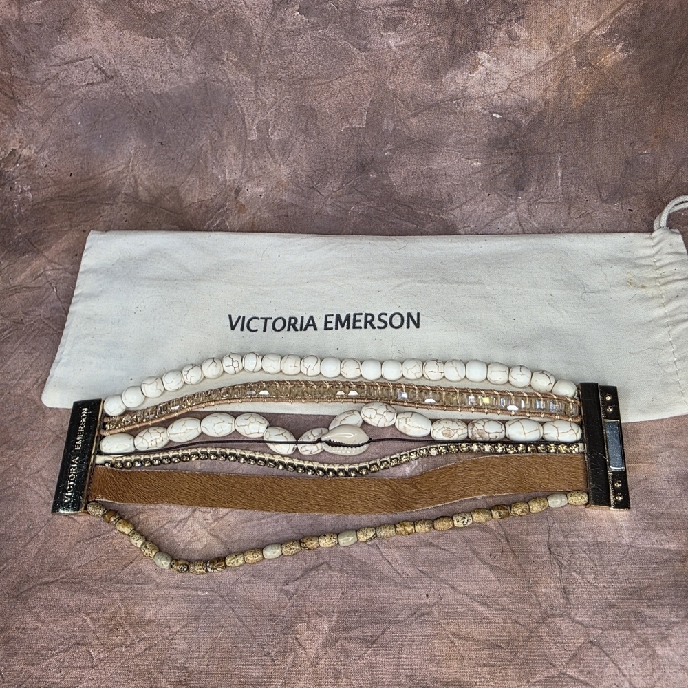 Victoria Emerson Cairo Bracelet Cuff Boho Magnetic Clasp Beads Shell Crystal